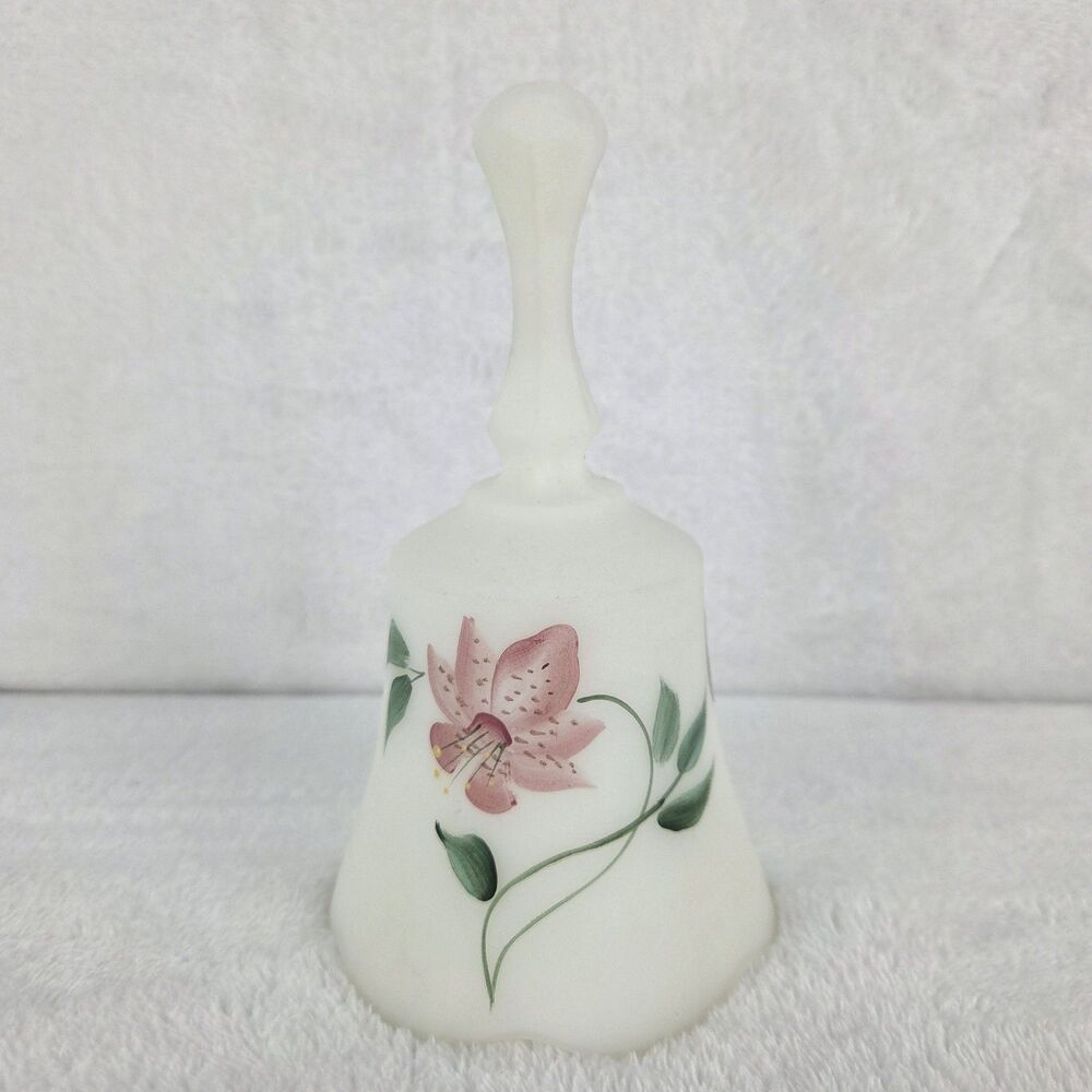 Fenton Satin Glass Hand Painted Pink Lily Bell Signed Artist Trisha Twyman 6"